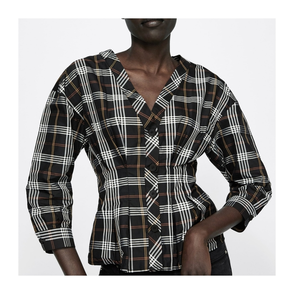 Zara Black Plaid V-Neck Blouse